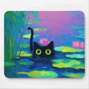 Funny Black Cat Swimming in Pond   Quirky Art Mouse Pad