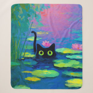 Funny Black Cat Swimming in Pond Quirky Art Sherpa Blanket