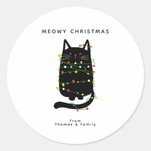 Funny Black Cat Tangled Up In Christmas Light  Classic Round Sticker