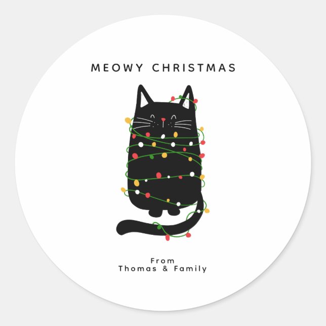 Funny Black Cat Tangled Up In Christmas Light  Classic Round Sticker (Front)