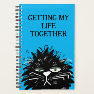 Funny Black Cat Tired Overworked  Planner