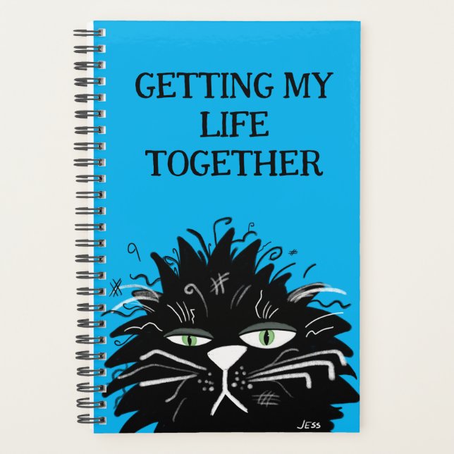 Funny Black Cat Tired Overworked  Planner (Front)