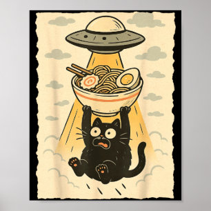Funny Black Cat Ufo Ramen Alien Abduction Graphic  Poster