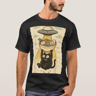 Funny Black Cat Ufo Ramen Alien Abduction Graphic T-Shirt