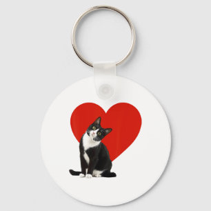 Funny Black Cat Valentine's Day Heart Tuxedo Cat L Key Ring