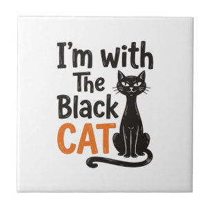 Funny Black Cat Vintage Engraving Halloween Design Ceramic Tile