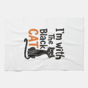 Funny Black Cat Vintage Engraving Halloween Design Tea Towel