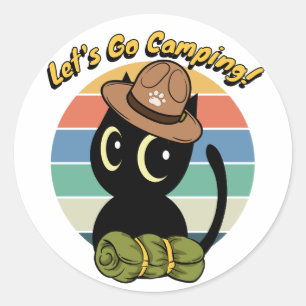 Funny black cat wants to go camping classic round sticker