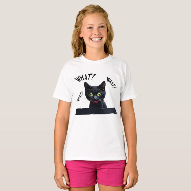 Funny black cat WHAT? T-Shirt (Front Full)
