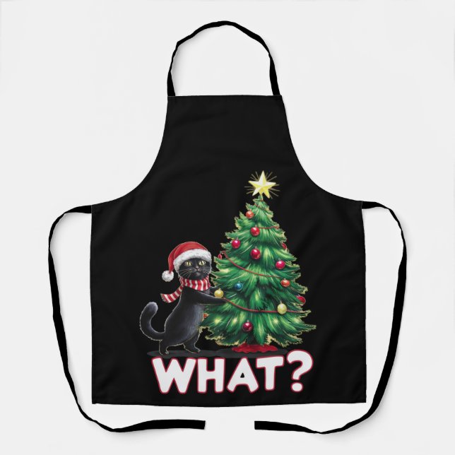 Funny Black Cat What Xmas Christmas Tree Apron (Front)