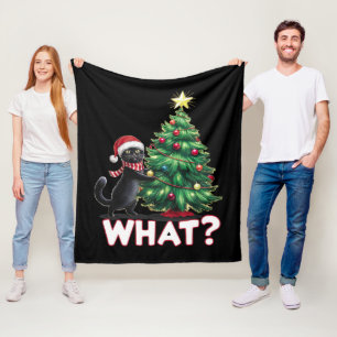 Funny Black Cat What Xmas Christmas Tree Fleece Blanket