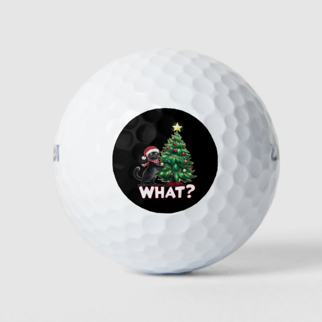 Funny Black Cat What Xmas Christmas Tree Golf Balls (Front)