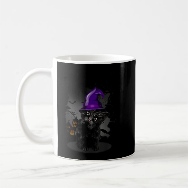 Funny Black Cat Witch Hat For Halloween Coffee Mug (Left)