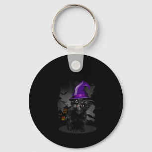 Funny Black Cat Witch Hat For Halloween Key Ring
