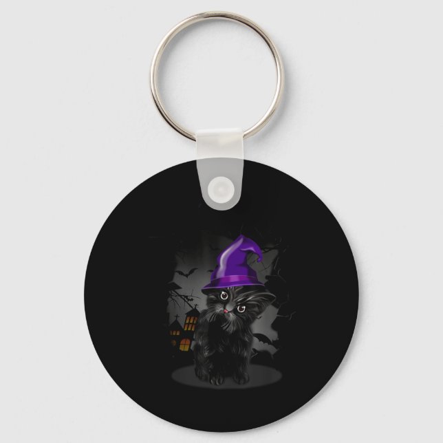 Funny Black Cat Witch Hat For Halloween Key Ring (Front)