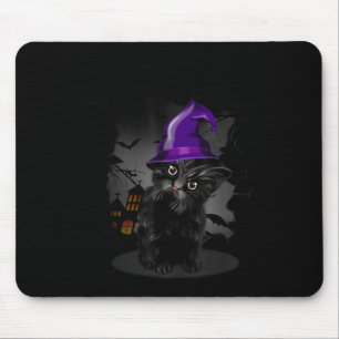 Funny Black Cat Witch Hat For Halloween Mouse Pad