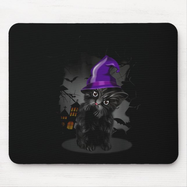 Funny Black Cat Witch Hat For Halloween Mouse Pad (Front)