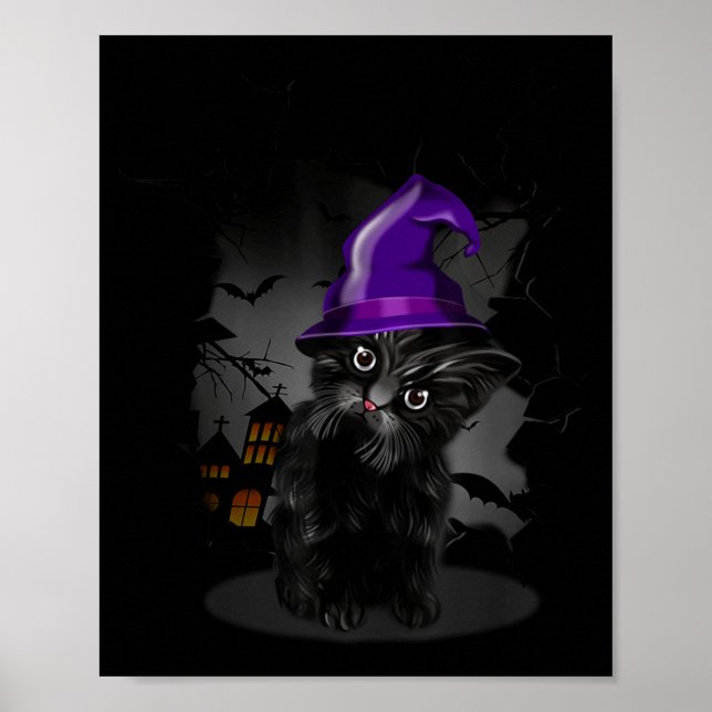 Funny Black Cat Witch Hat For Halloween Poster (Front)