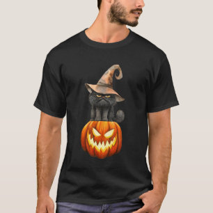 Funny Black Cat Witch Scary Halloween Pumpkin Wome T-Shirt