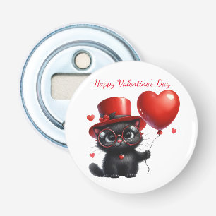 Funny Black Cat With Balloons Valentine's Day Bottle Opener