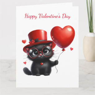 Funny Black Cat With Balloons Valentine's Day Card