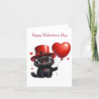 Funny Black Cat With Balloons Valentine's Day Holiday Card
