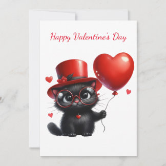 Funny Black Cat With Balloons Valentine's Day Holiday Card