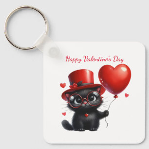 Funny Black Cat With Balloons Valentine's Day Key Ring