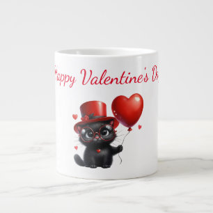Funny Black Cat With Balloons Valentine's Day Large Coffee Mug