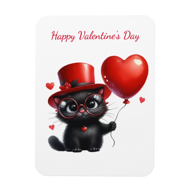 Funny Black Cat With Balloons Valentine's Day Magnet (Vertical)