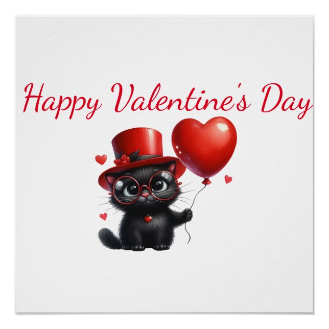 Funny Black Cat With Balloons Valentine's Day Poster (Front)