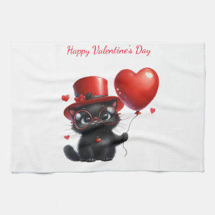 Funny Black Cat With Balloons Valentine's Day Tea Towel