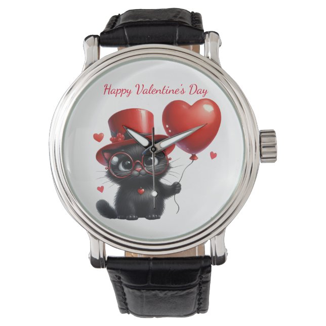 Funny Black Cat With Balloons Valentine's Day Watch (Front)
