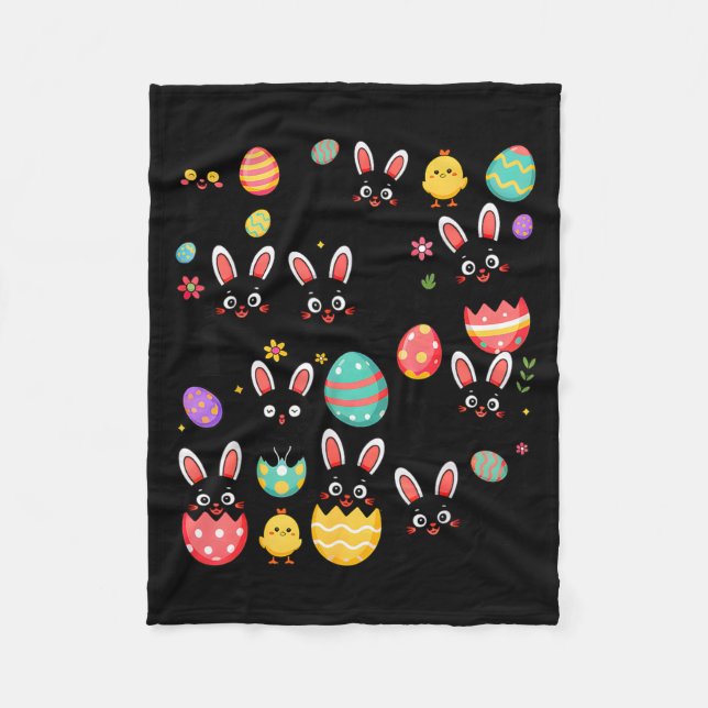 Funny Black Cat with Bunny Eggs Happy Easter Day Fleece Blanket (Front)