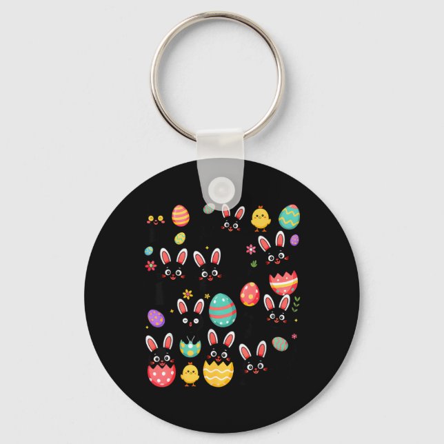 Funny Black Cat with Bunny Eggs Happy Easter Day Key Ring (Front)