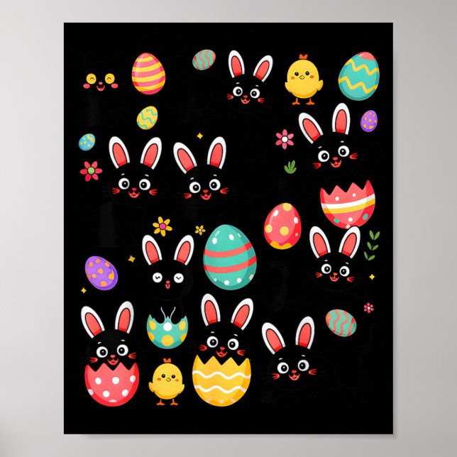 Funny Black Cat with Bunny Eggs Happy Easter Day Poster (Front)