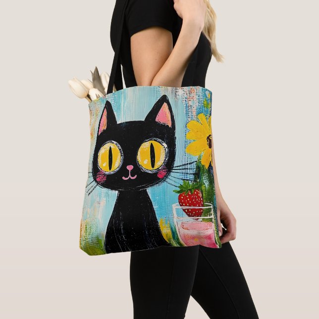Funny Black Cat with Strawberry Tote Bag (Close Up)