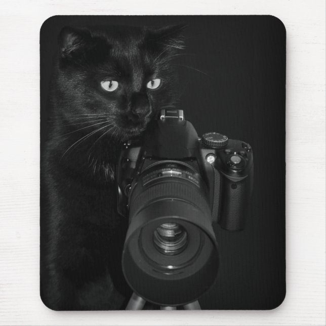 Funny Black Cat with the Camera Mouse Pad (Front)