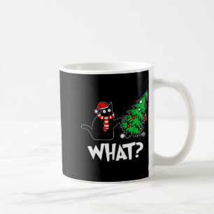 Funny Black Cat Xmas Pushing Christmas Tree Over C Coffee Mug