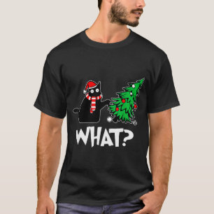 Funny Black Cat Xmas Pushing Christmas Tree Over C T-Shirt