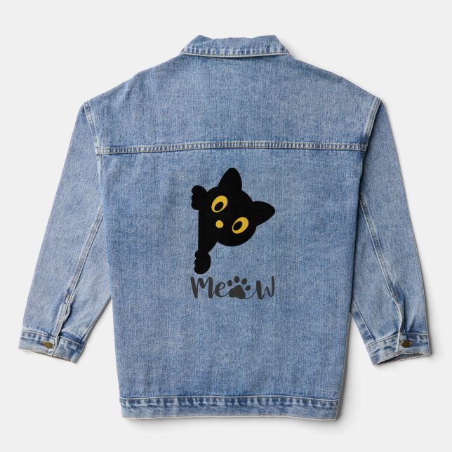 Funny Black Cat Yellow Eyes Denim Jacket (Back)