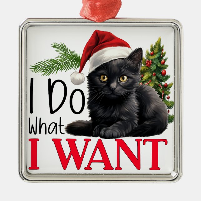 FUNNY BLACK CHRISTMAS CAT WITH TREE METAL ORNAMENT (Front)