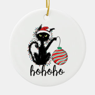 Funny Black Christmas Light Cat HoHoHo Ceramic Ornament