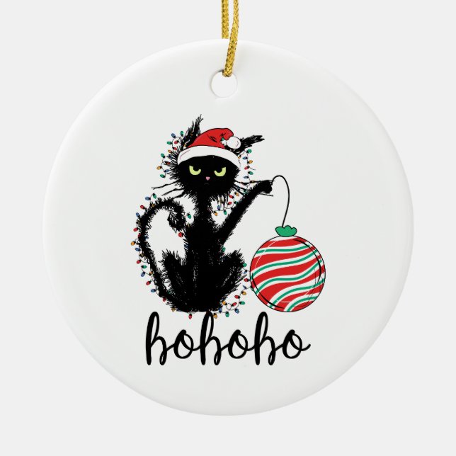 Funny Black Christmas Light Cat HoHoHo Ceramic Ornament (Front)