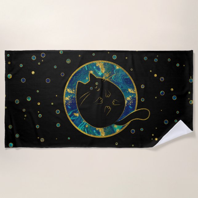 Funny Black Chubby Cat Beach Towel (Front)