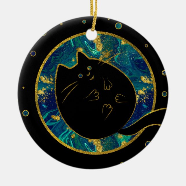 Funny Black Chubby Cat Ceramic Ornament (Front)