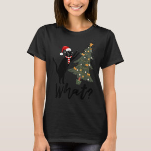 Funny Black Cute Cat Pushing Christmas Tree Over C T-Shirt