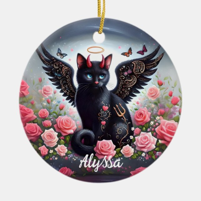 Funny Black Demon and Angel Cat  Ceramic Ornament (Front)