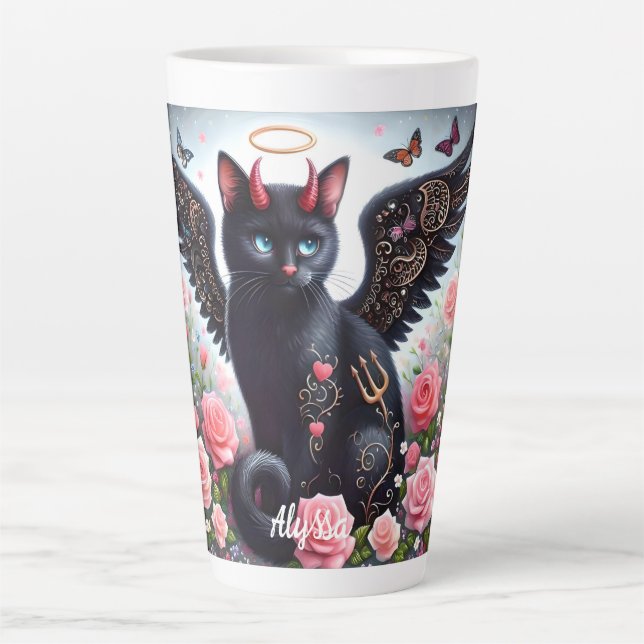 Funny Black Demon and Angel Cat  Latte Mug (Front)