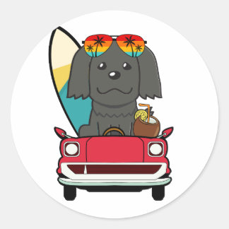 Funny Black Dog is driving to the beach Classic Round Sticker